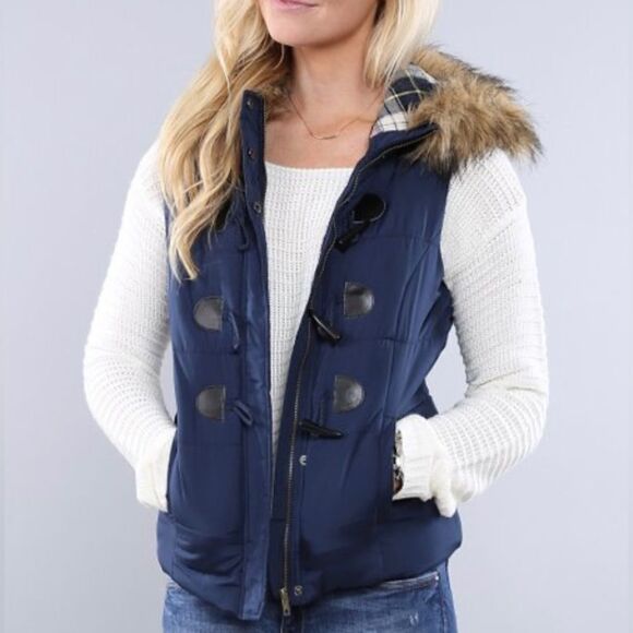 Love Tree Women’s Navy Blue Full Zip Faux Fur Trim Hooded Puffer Vest Small - Picture 15 of 15